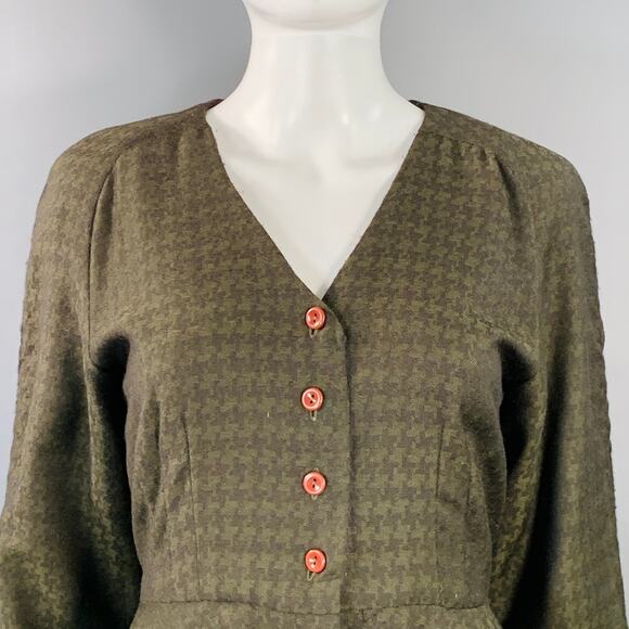 OKW Size XS Green Wool Button Down Houndstooth Mini Skirt Suit - Picture 2 of 12